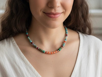 שרשרת יוניסקס ייחודית המשלבת גוונים עשירים של אבני חן שונות . פז בק