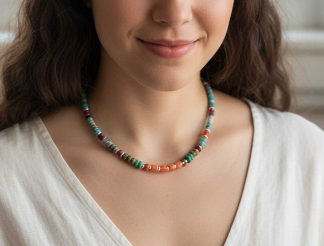 שרשרת יוניסקס ייחודית המשלבת גוונים עשירים של אבני חן שונות . פז בק