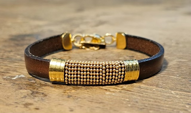 צמיד עור איכותי בשילוב שרשרת כדורי כסף ואלמנטים כסף 925 או שרשרת גולדפילד,חבקים ציפוי זהב 14 קרט וסוגרי גולדפילד לבחירה