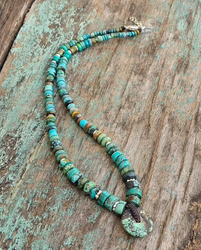 שרשרת אבני חן טורקיז טבעיות שונות ומיוחדות בגוונים נדירים  בשילוב הפרדות כסף 925,המטייט ואבן דונטס טורקיז עיצוב פז בק