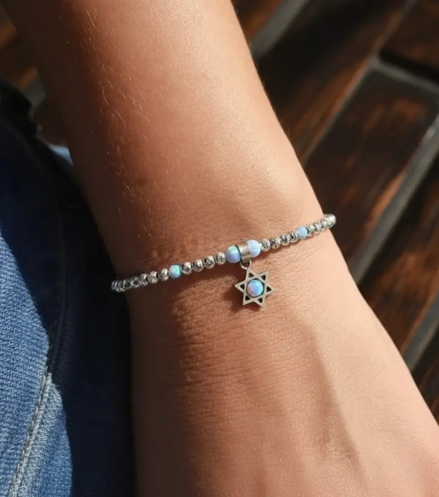 צמיד יוניסקס עדין וקלאסי-עשוי כדורי כסף שונים,חיתוך יהלום,טקסטורה,חלקים ,כדורי אופל סינטתי תליון מגן דויד כסף 925