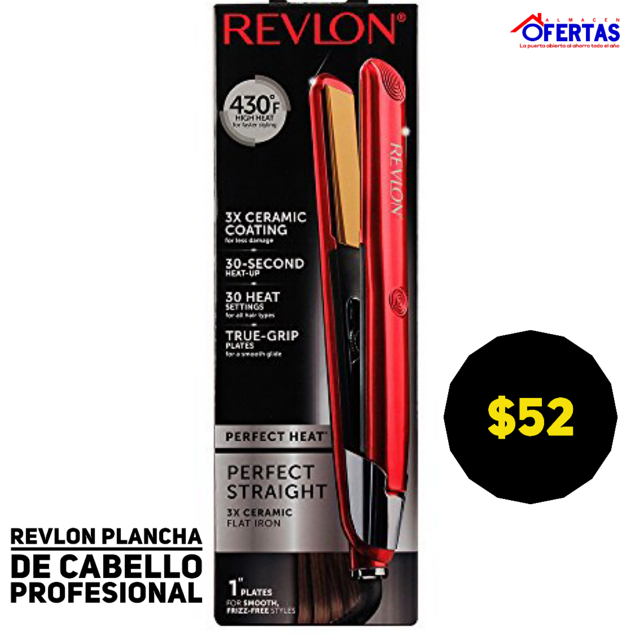 REVLON PLANCHA DE CABELLO PROFESIONAL PERFECT STRAIGHT 3X CERAMIC IRON |  Almacen Ofertas