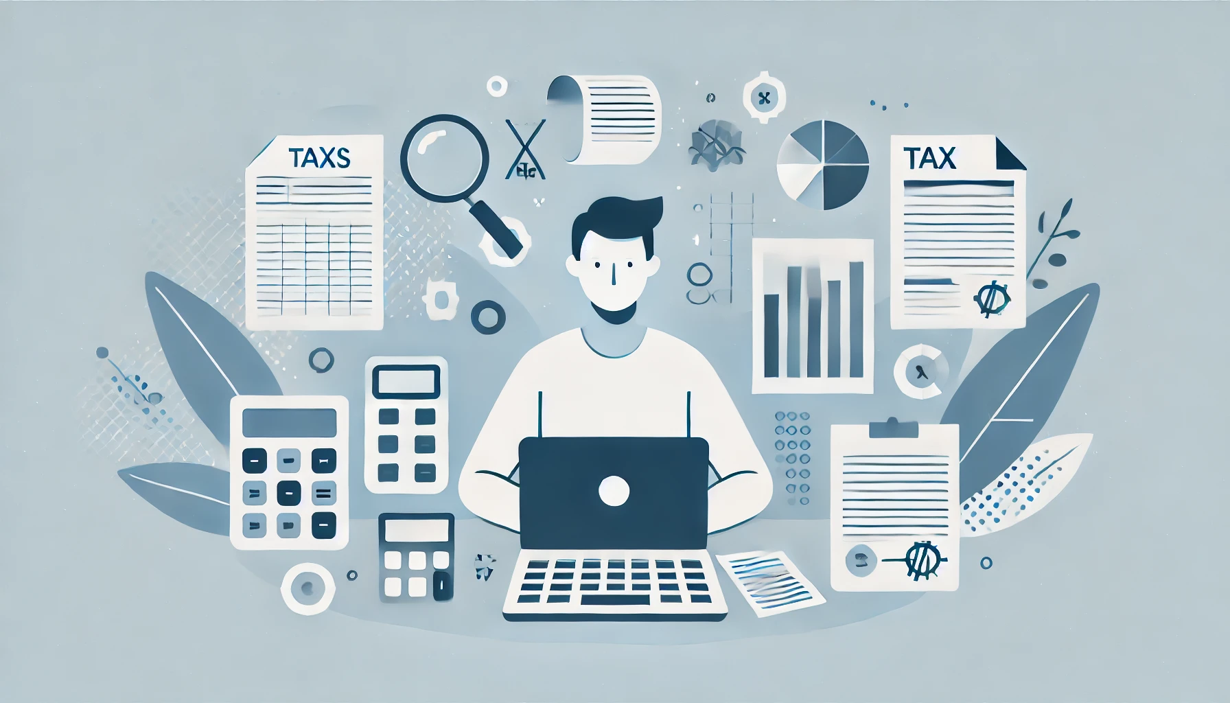 A flat illustration featuring a person sitting at a desk, surrounded by documents, a calculator, and a laptop. Icons of tax forms, legal documents, and graphs hover around, symbolizing knowledge about taxes and contracts. The design remains consistent with soft blue and white tones and abstract shapes.