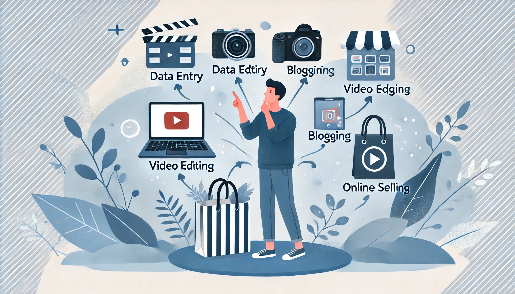 A flat illustration showing a selection of side hustle options, such as a laptop for data entry, a camera for video editing, a notebook for blogging, and a shopping bag for online selling. A central character is choosing among these options with a thoughtful expression. The background includes soft abstract shapes in blue and white tones.