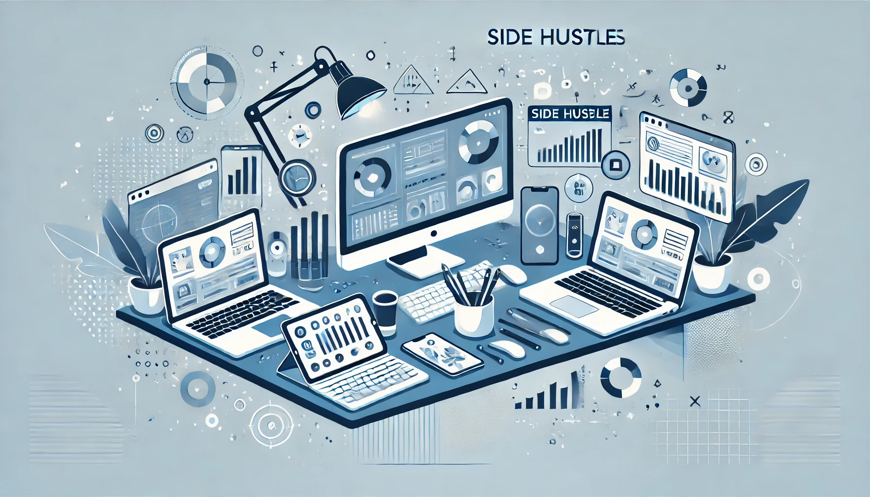 A flat illustration in a clean and minimalistic style, showing a modern office desk setup with multiple devices like laptops, smartphones, and tablets. Icons representing side hustles, such as graphs, video editing tools, and writing symbols, float around the desk. The illustration is in blue and white tones, with abstract shapes creating a futuristic yet approachable atmosphere.