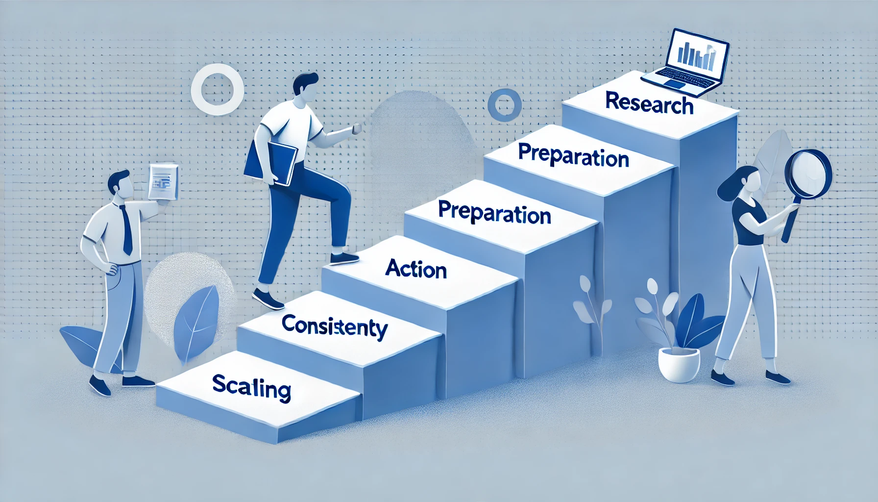 A flat illustration depicting a staircase with each step labeled as research, preparation, action, consistency, and scaling. A person is climbing the steps confidently, holding a laptop and a notebook. The illustration uses the same clean blue and white tones, with minimalistic abstract shapes in the background.