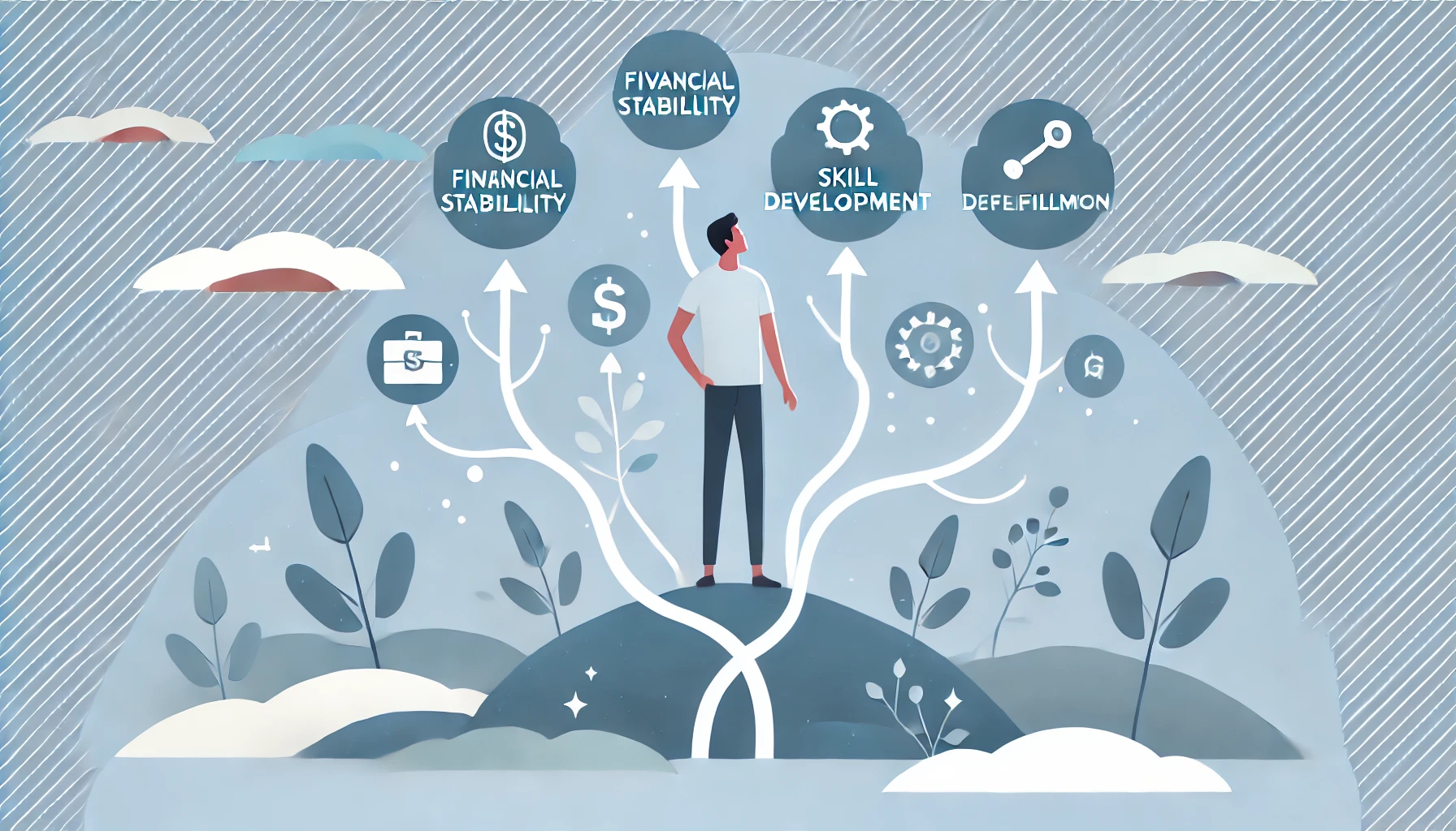 A flat illustration style featuring a person standing on a hill with branching paths leading to icons representing financial stability, skill development, and self-fulfillment. The person looks optimistic and motivated, symbolizing diverse benefits of side hustles. The design uses soft blue and white tones, with clean lines and abstract background shapes for clarity.