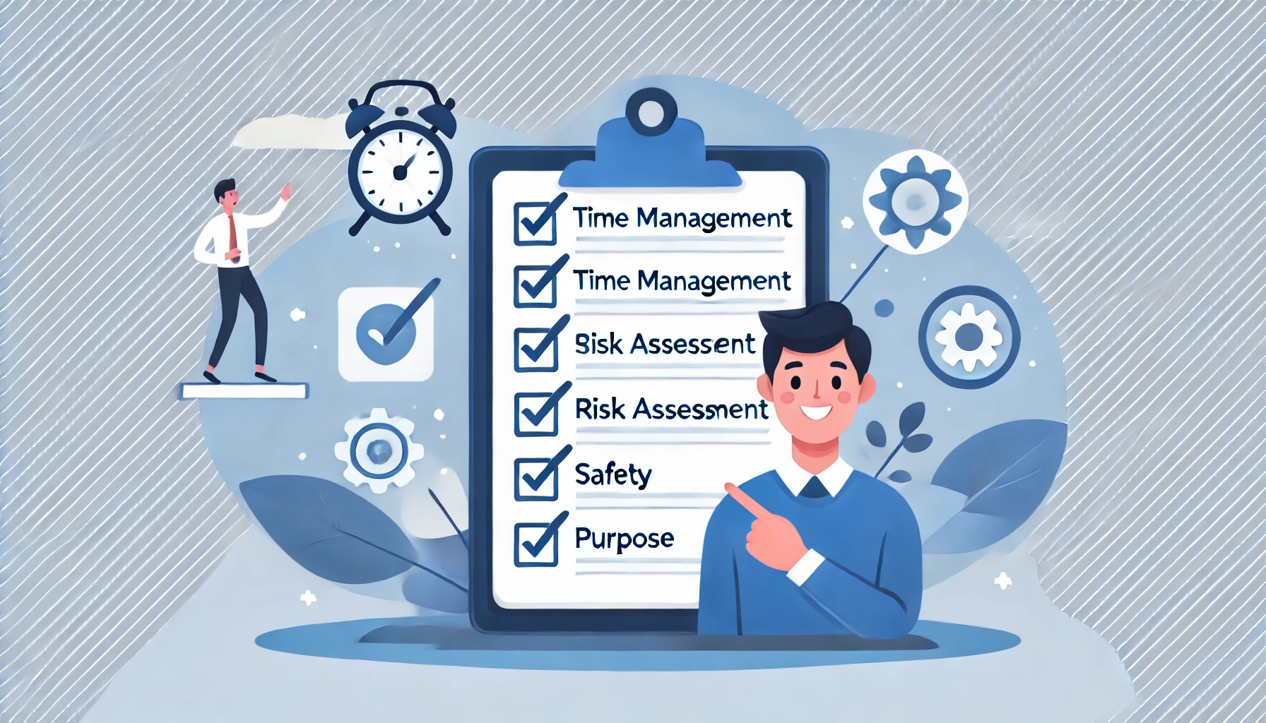 A flat illustration style of a checklist on a clipboard, with icons around it representing time management, skills, risk assessment, safety, and purpose. A cheerful person is shown pointing to the checklist, symbolizing thoughtful decision-making. The background features clean abstract shapes in blue and white tones.