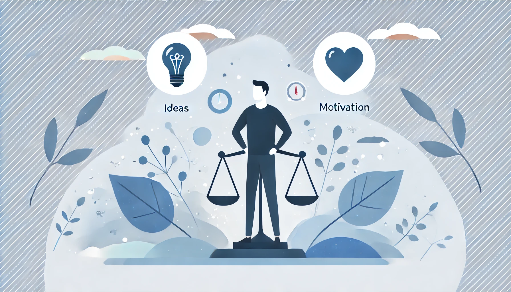 A flat illustration of a person standing confidently, with icons of a light bulb (ideas), a heart (motivation), and a scale (balance) floating around. The background features soft abstract shapes in blue and white tones, highlighting growth and a positive mindset.