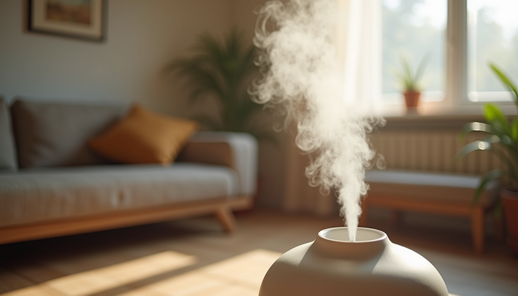 Close-up view of a humidifier releasing mist in a cozy living room