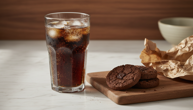 Close-up of a sugary fizzy drink beside biscuits on a kitchen counter.