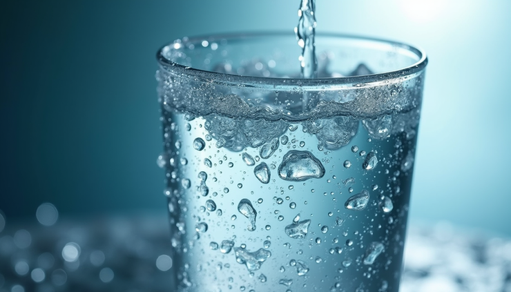 Close-up view of a glass of water with condensation droplets on the surface