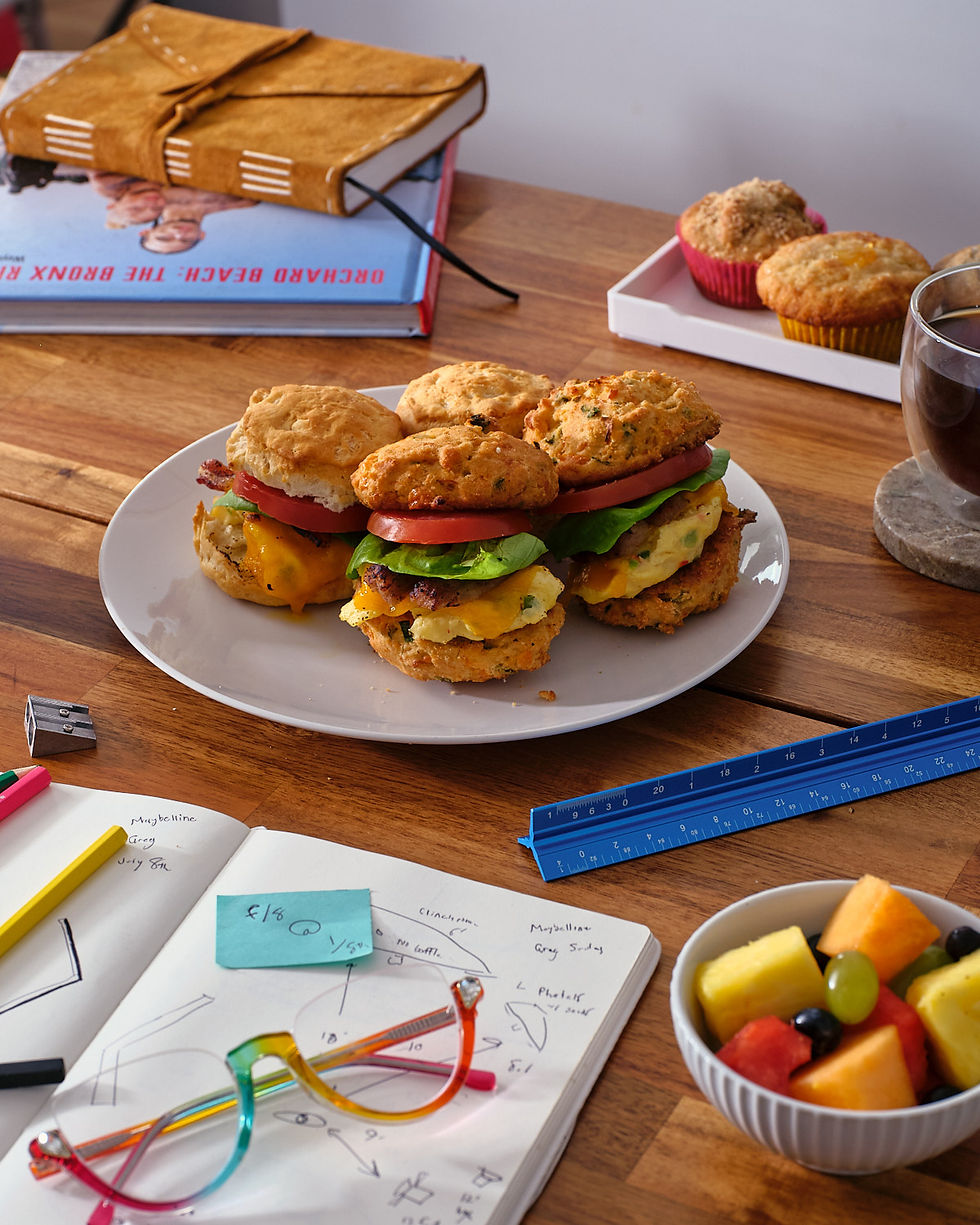 Biscuit sandwiches beside a book and coffee