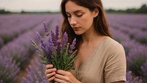 Mulher segurando um buquê com diferentes tipos de lavanda em um campo florido, representando a diversidade das espécies de lavanda usadas na aromaterapia, sob luz suave e natural.