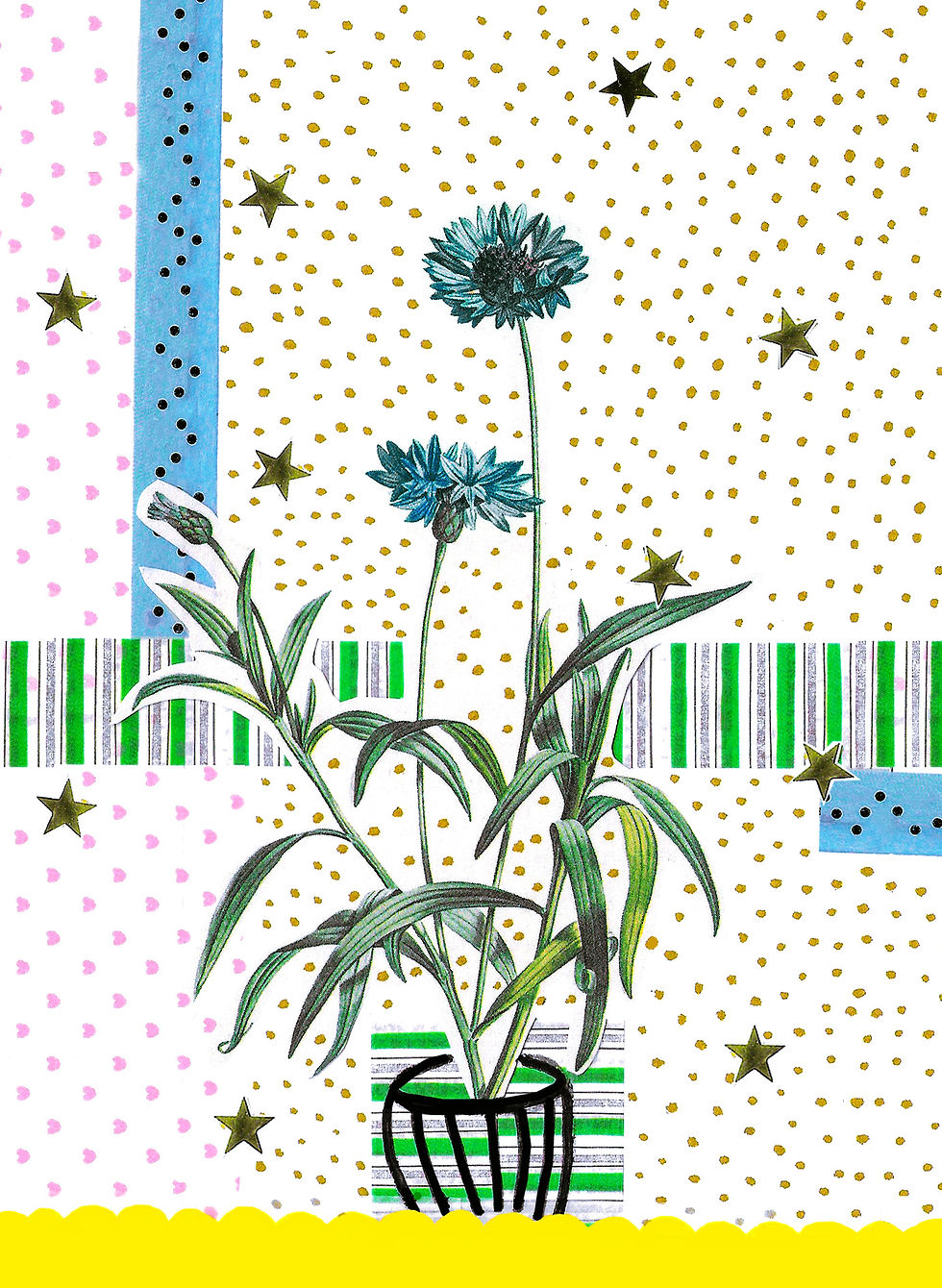 Postkarte mit blauer Blumen-Collage, goldenen Punkten und Sternen, moderne Illustration, Mia’s Atelier