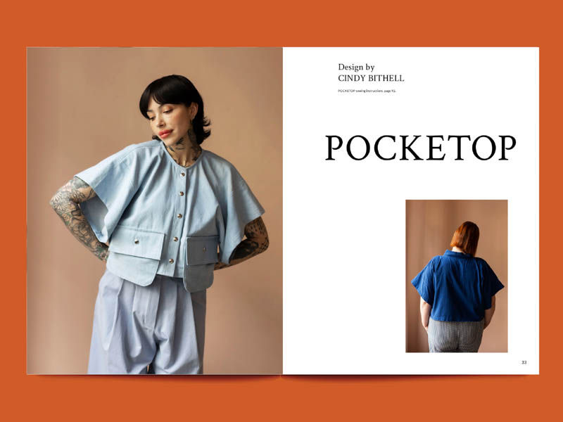 Miniaturbild: Doppelseite im TAUKO Magazin mit dem Schnittmuster „Pocketop“ von Cindy Bithell, Modell in hellblauem Oberteil.