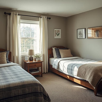 Create an image of a bedroom with teen wall art. 2 twin beds in the room with bedroom furn