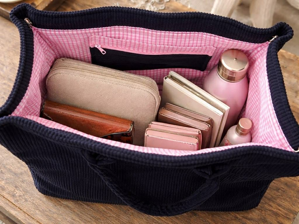 Sac cabas velours marine vichy rose