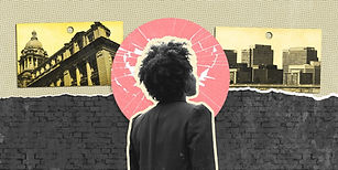 TODAY Illustration / Getty Images. Black person with their back towards the camera in front of a cracked red circle. In the background there is a brick wall (bottom) and images of buildings (top)