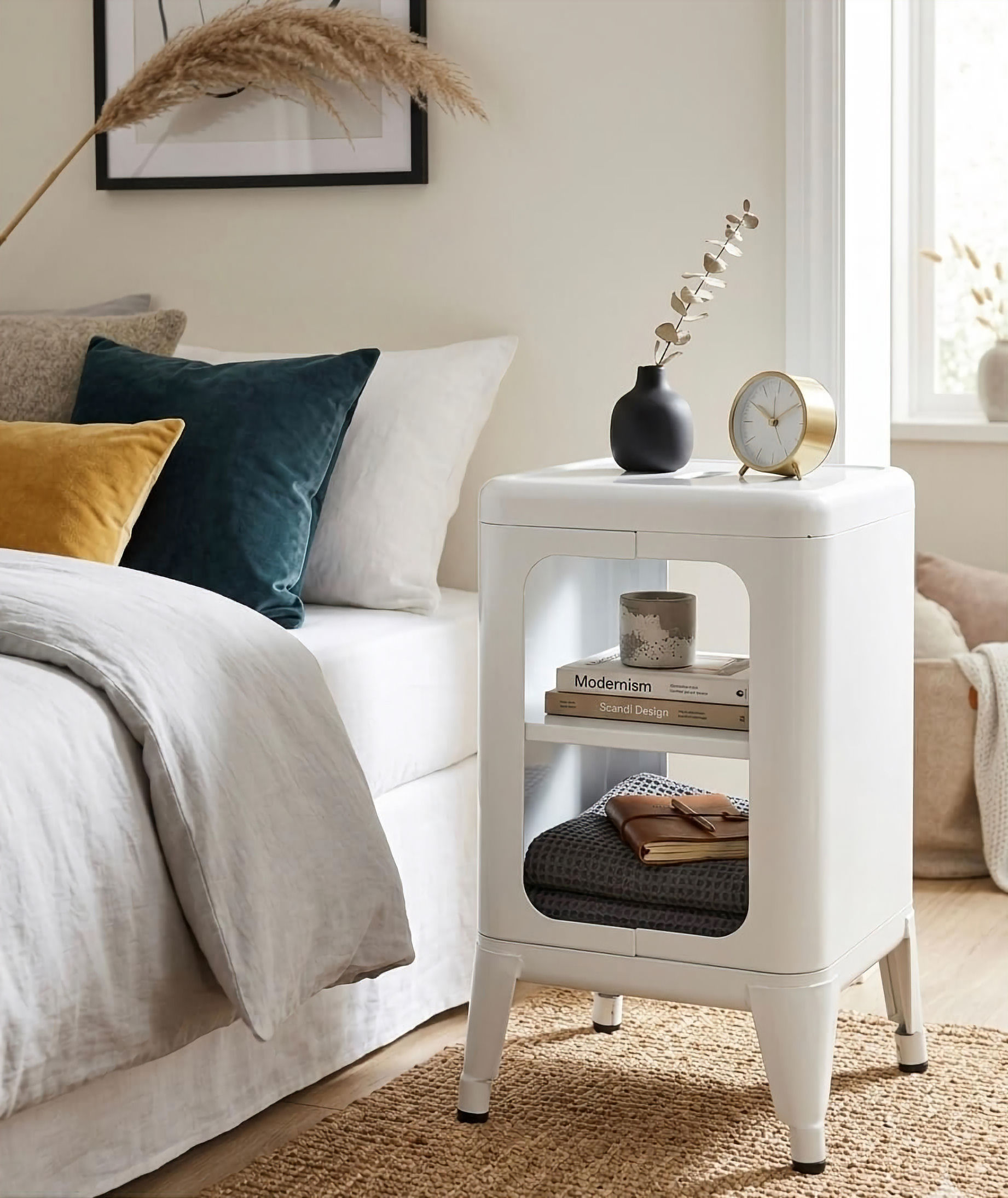 White metal side table with open shelves next to a bed