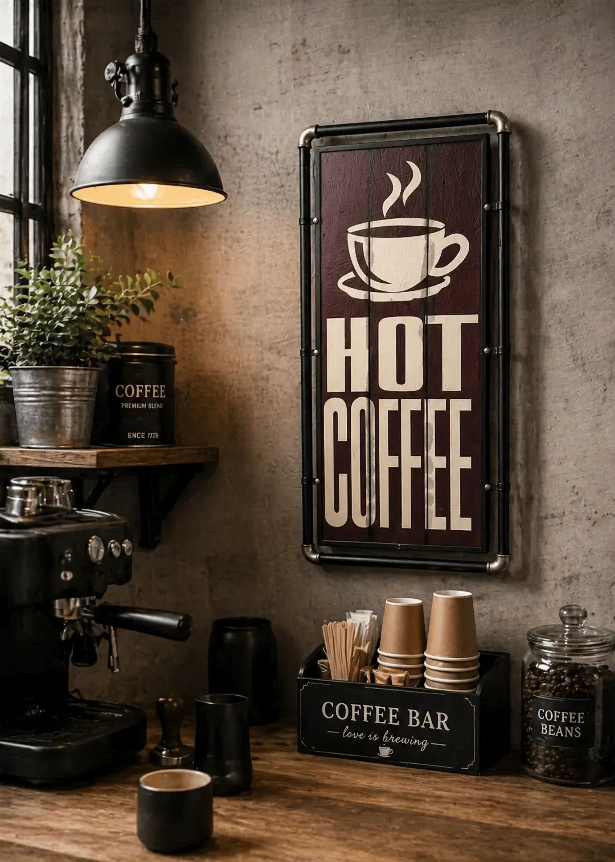 Rustic coffee station with 'Hot Coffee' sign