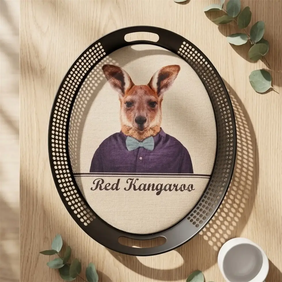 Thumbnail: Decorative Oval Tray Red Kangaroo Design with metal frame.
