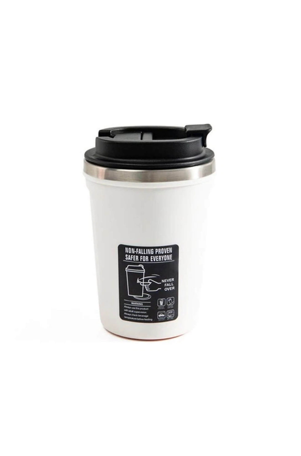 Thumbnail: White travel mug with black lid, 'Non-falling safe' text