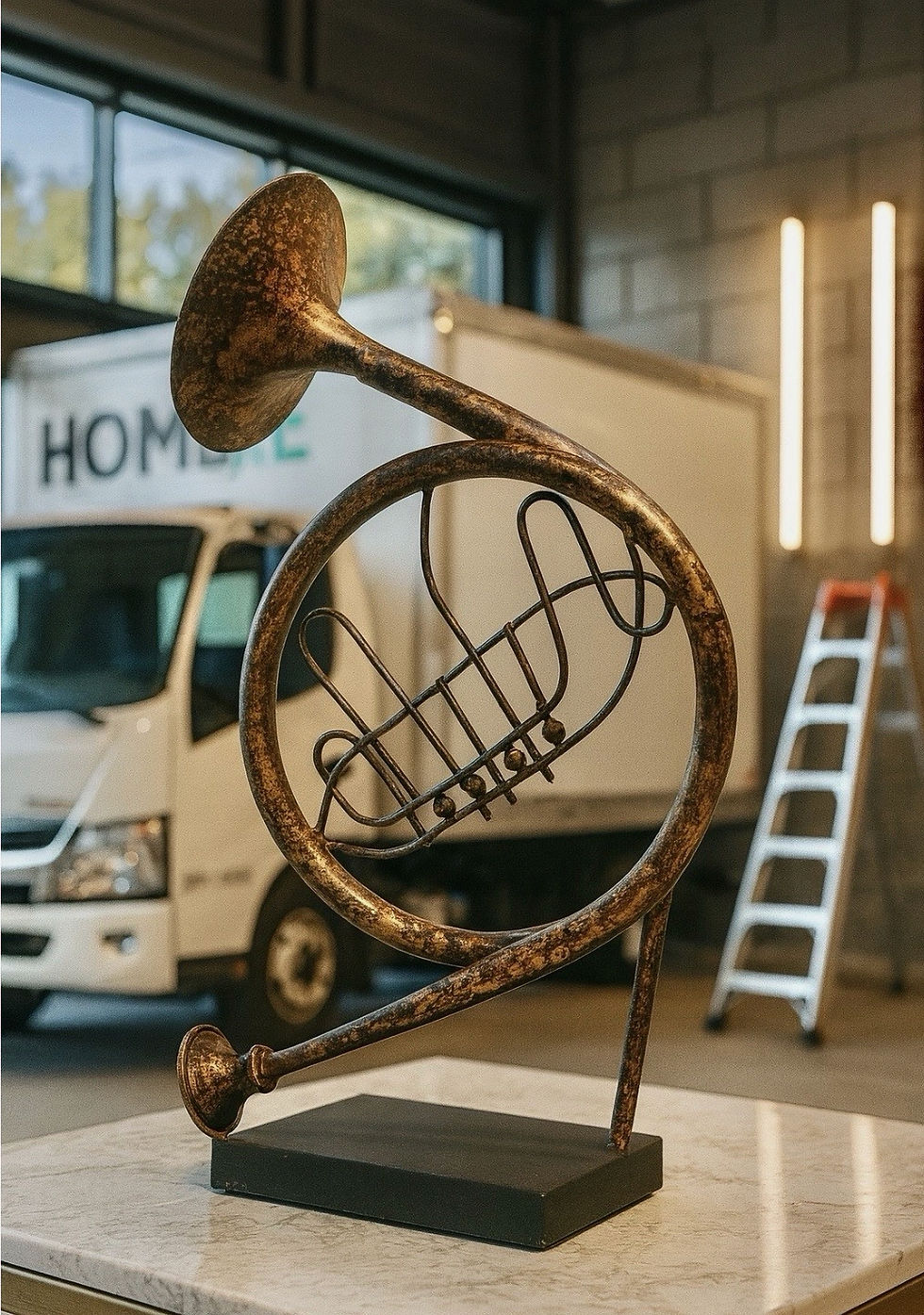 Rustic metal coiled horn sculpture