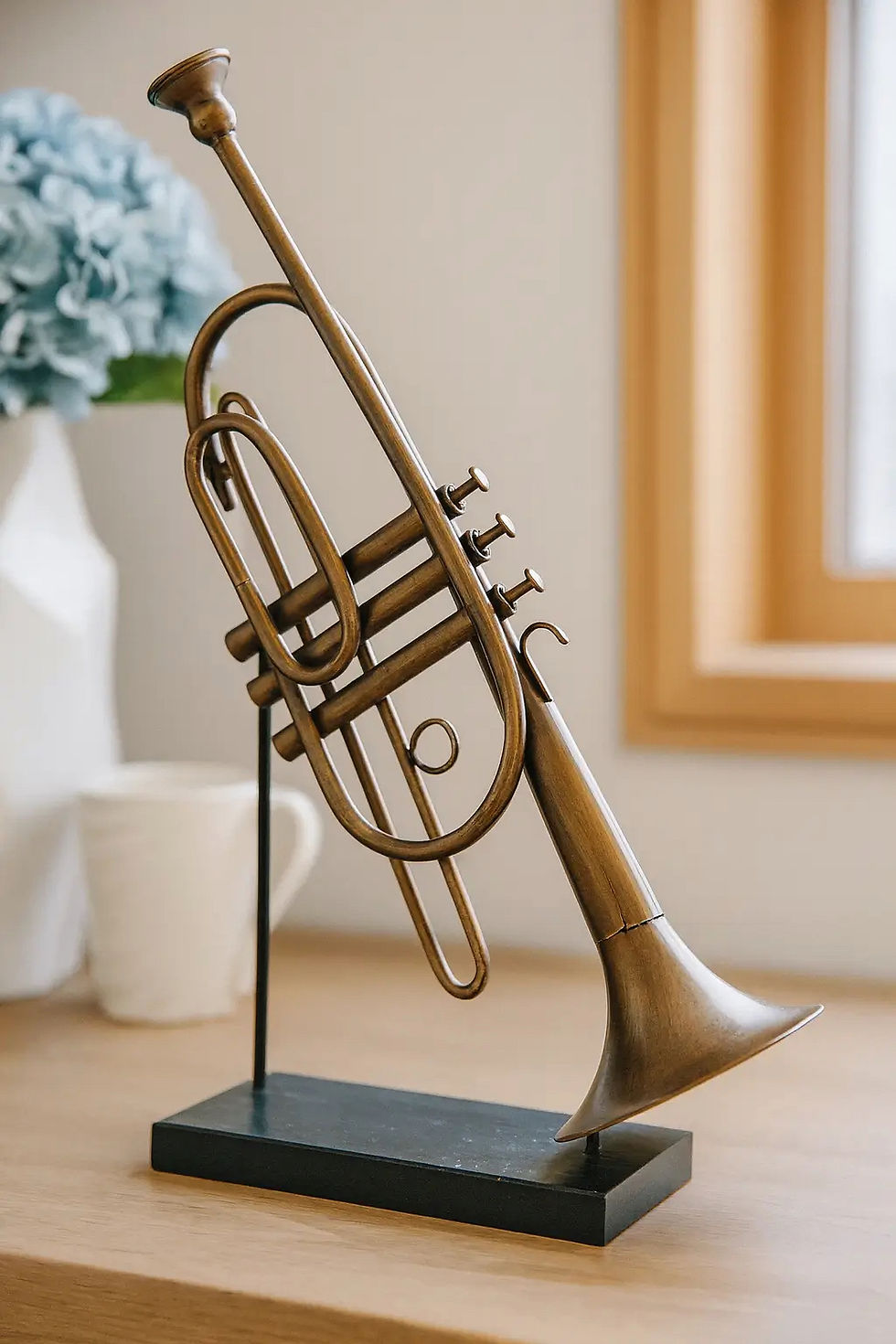 Decorative brass trumpet on stand