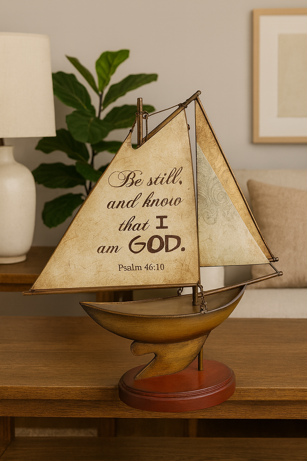 Sailboat decor with 'Be still, and know that I am GOD.'
