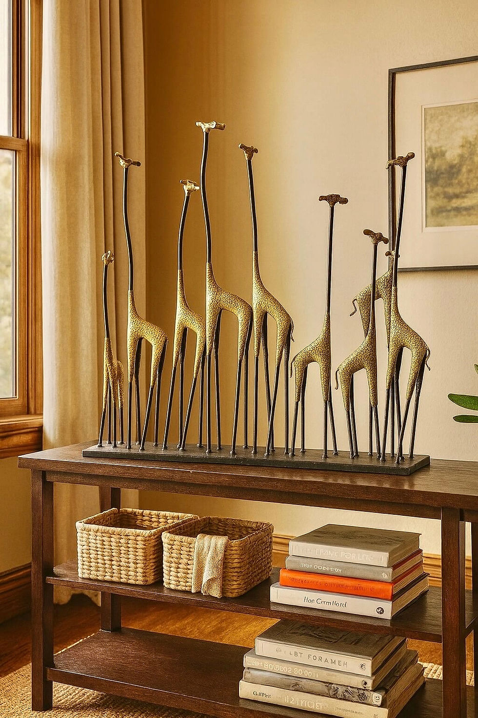 Modern metal giraffe figurine home decor on a wooden table.