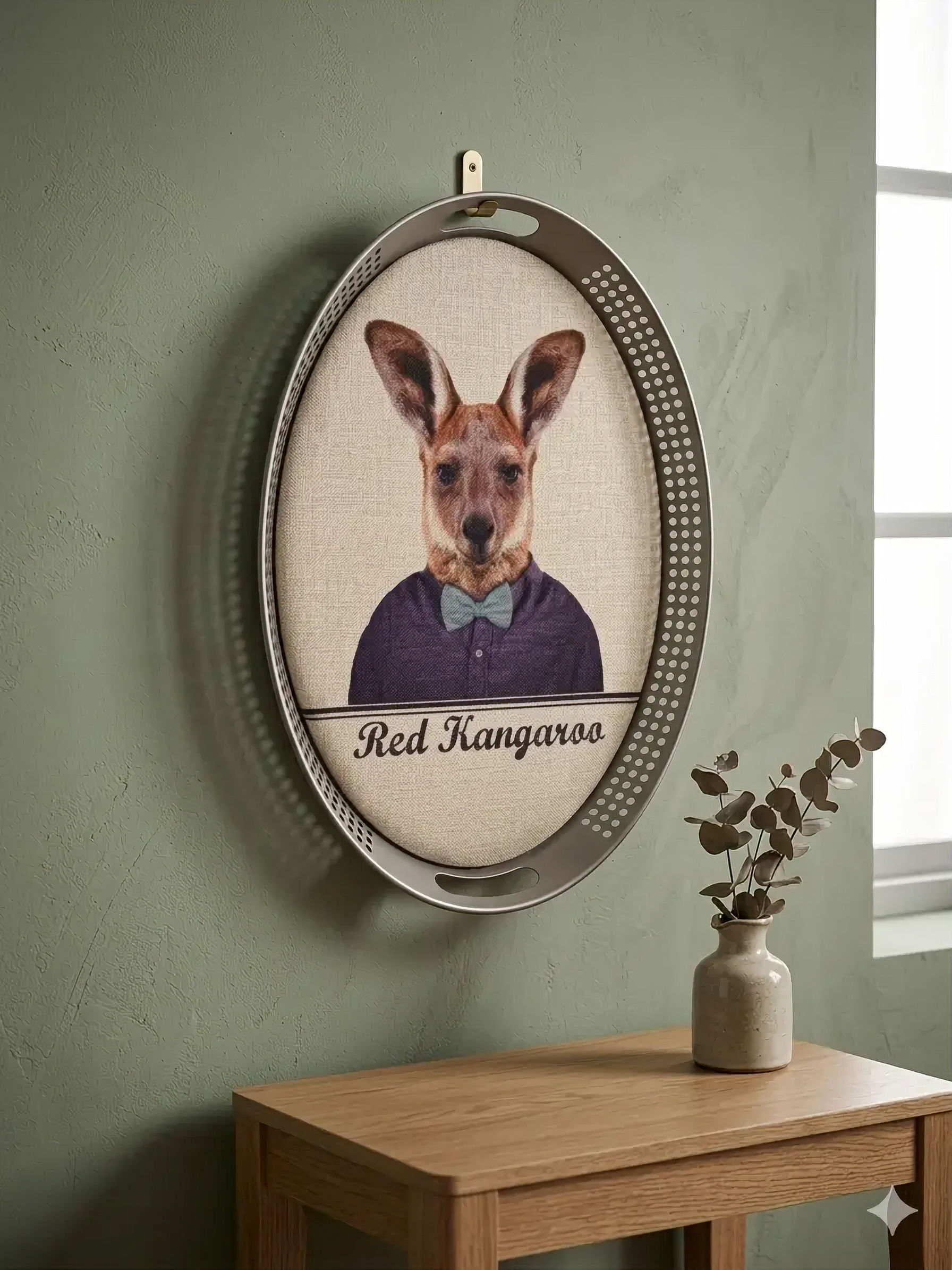 Oval wall art: kangaroo in shirt and bowtie, 'Red Kangaroos'