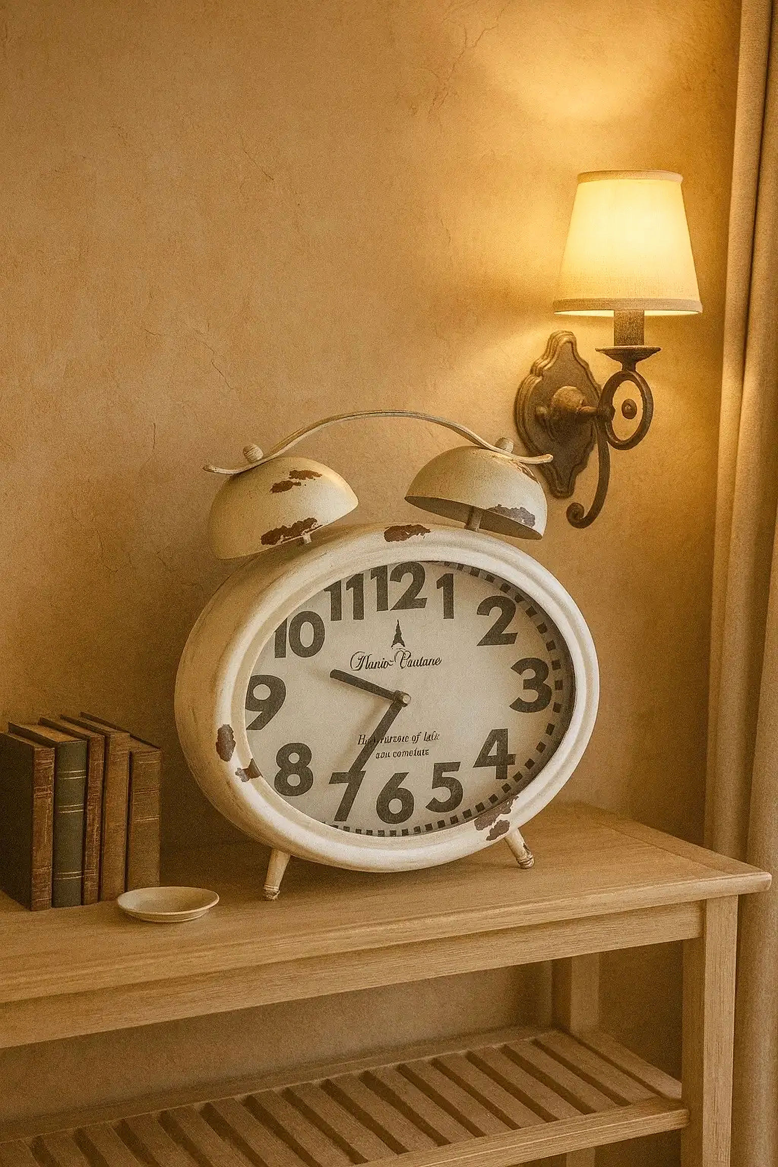 Vintage alarm clock, rustic decor with books