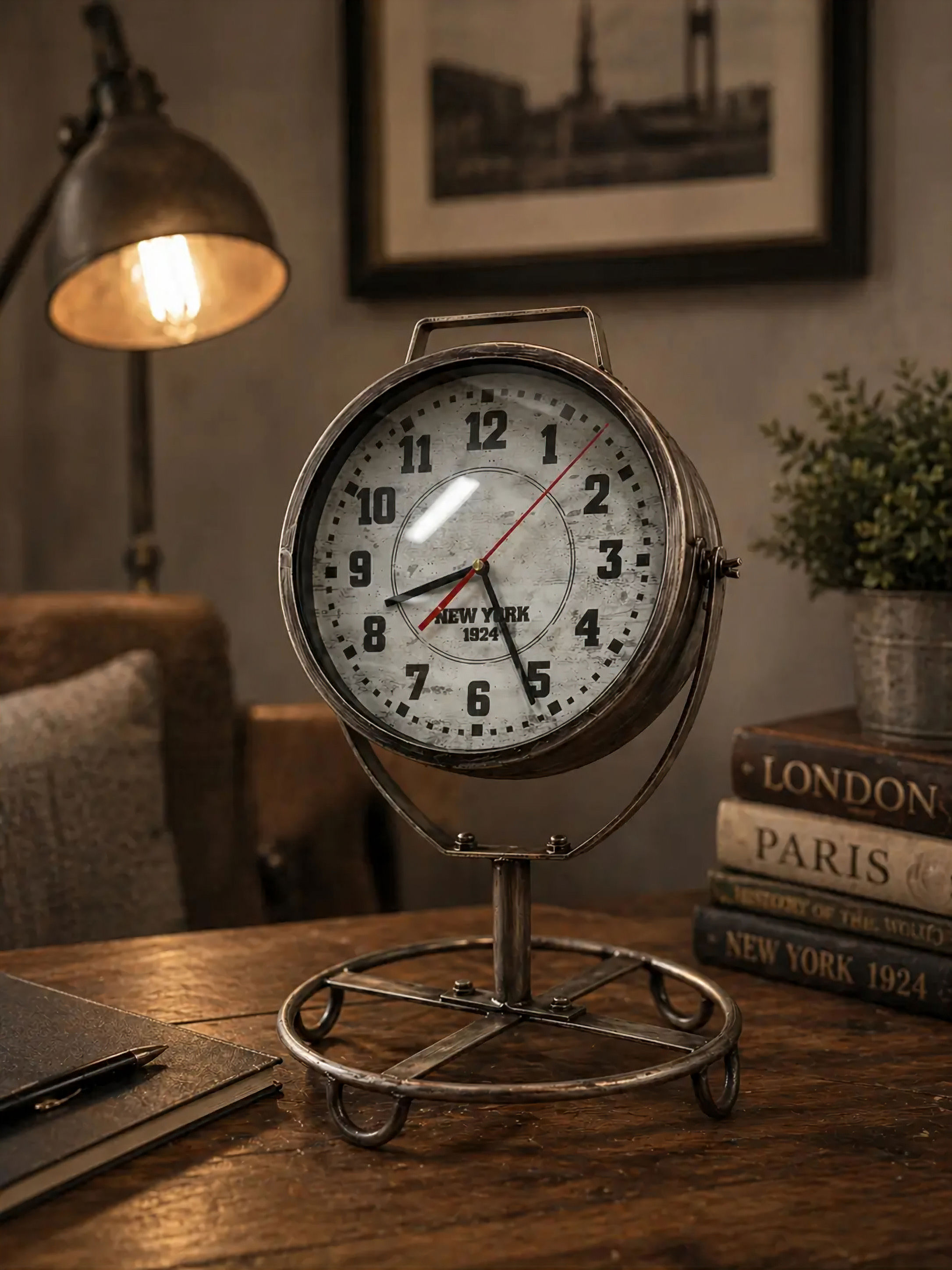 Vintage desk clock, 'New York 1924' on face, with books 'London', 'Paris'
