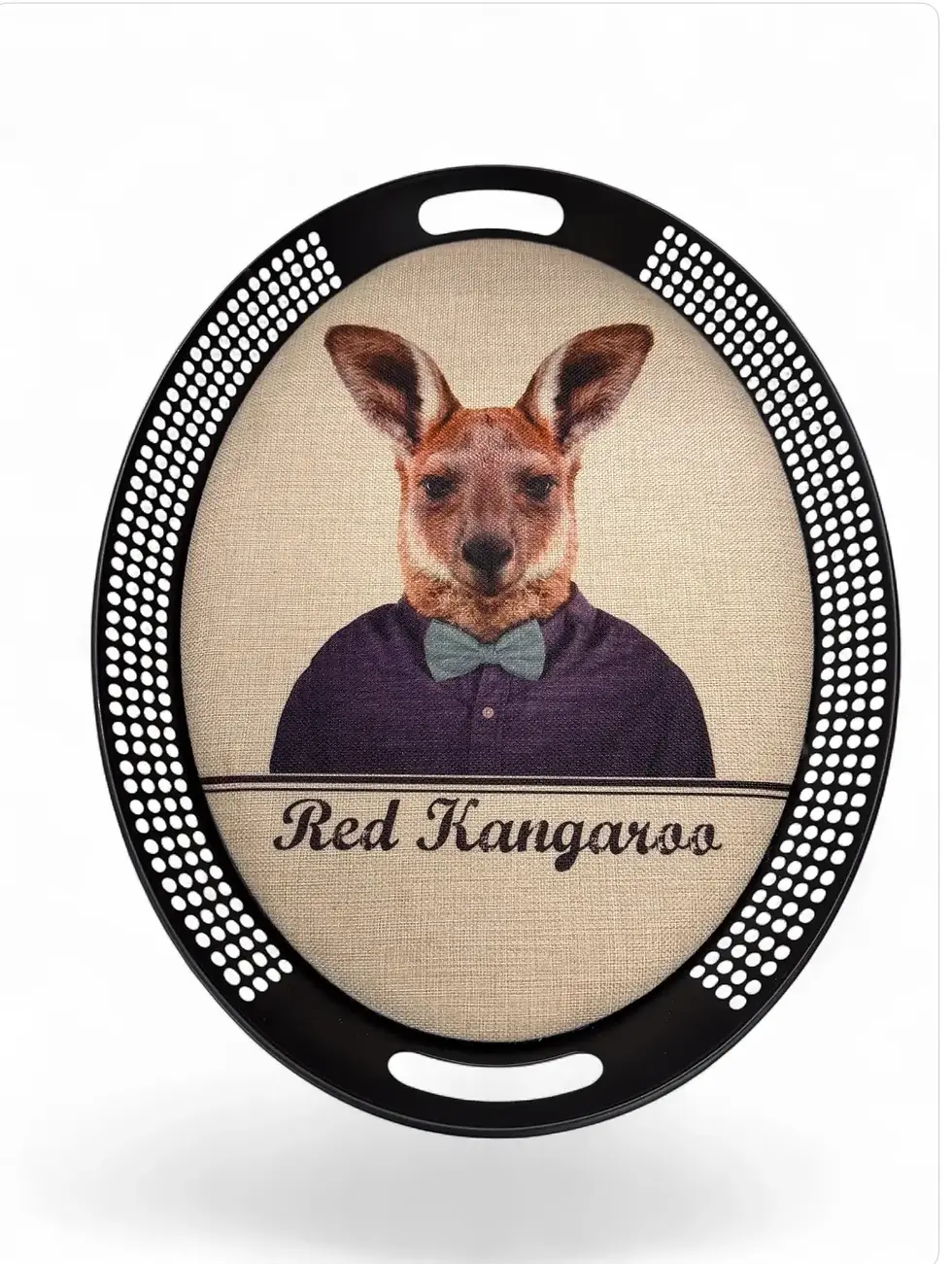Thumbnail: Round tray with kangaroo in shirt and bow tie, text Red Kangaroo