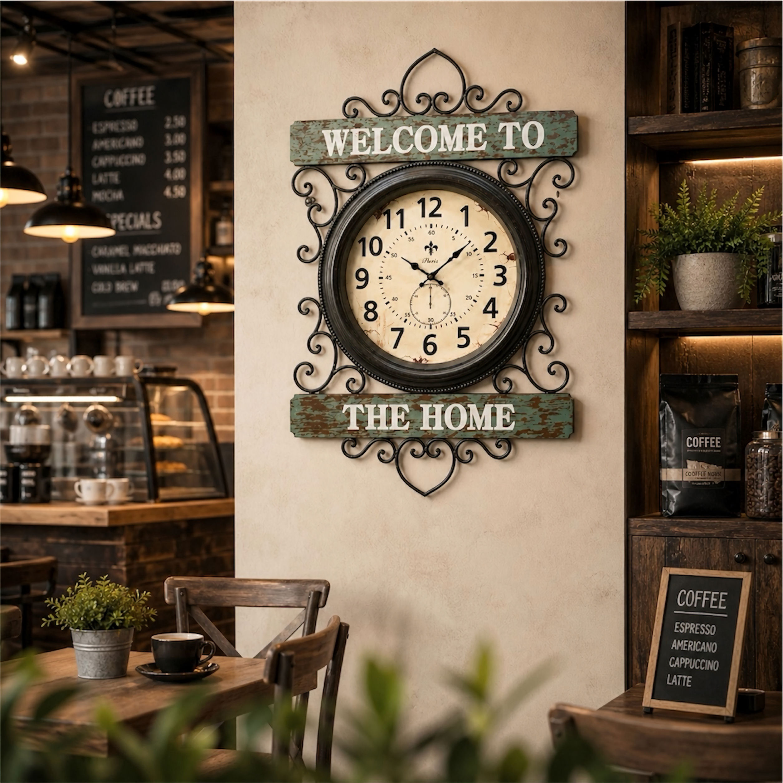 Wall Clock with “Welcome to the Home” Frame Rustic Café Style
