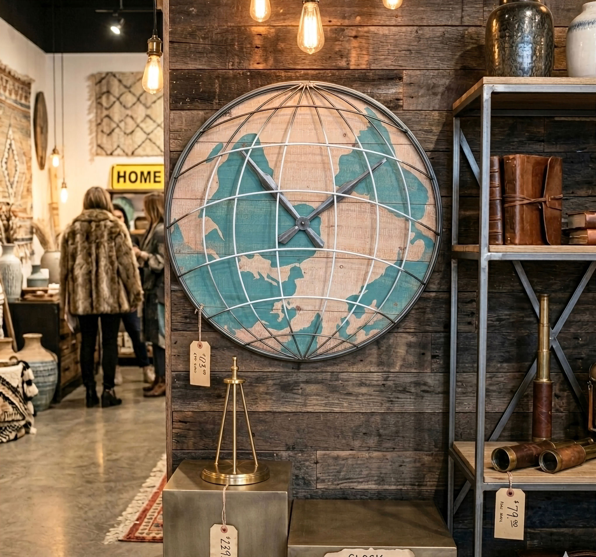 World Map Wall Clock Vintage Industrial