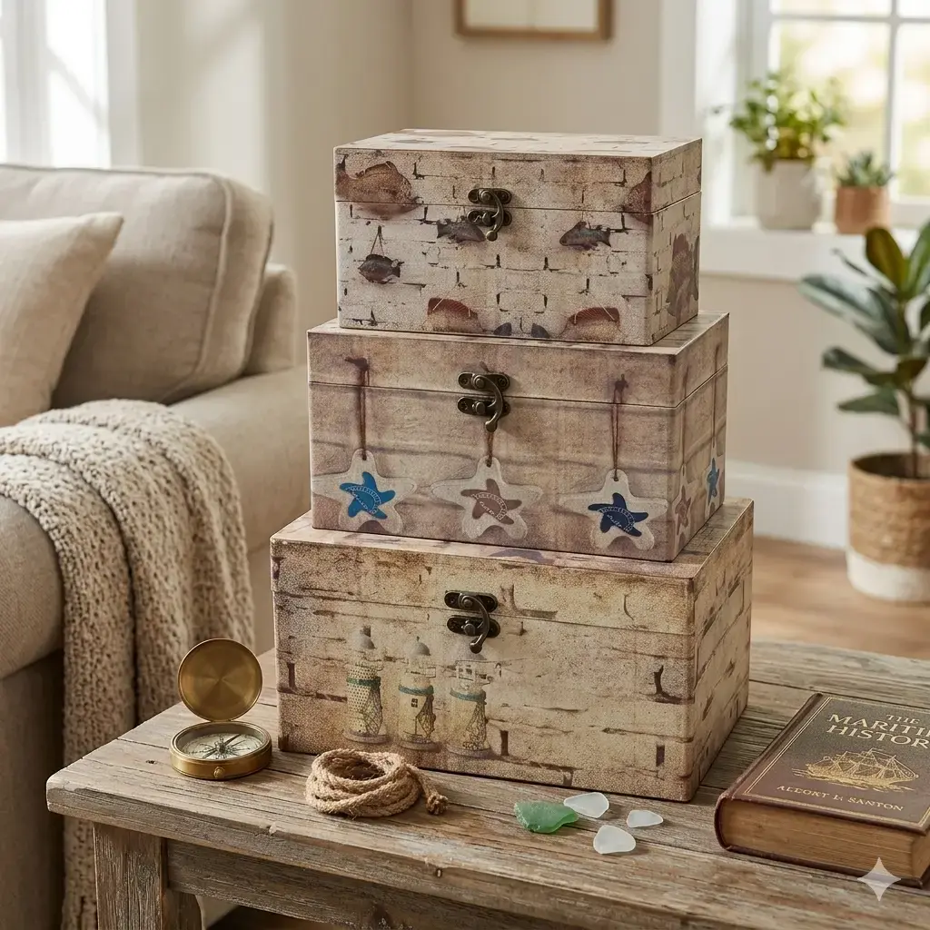 Coastal Vintage Storage Boxes Set – Decorative Nautical Trunks (Set of 3)