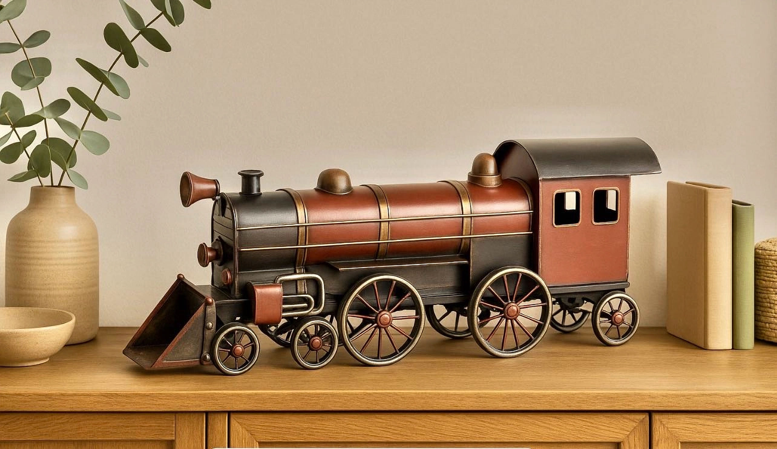 Red and black antique-style locomotive ornament