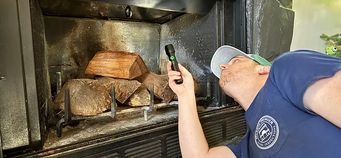 Lilburn home inspector inspecting a fireplace.