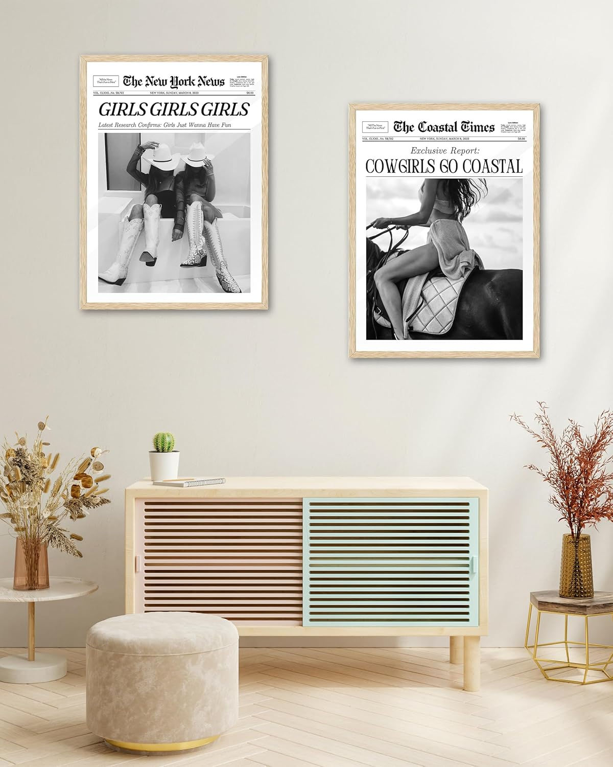 iHery Cowgirls Go Coastal Small Framed NewsPaper Canvas Wall Art,Natural OAK Wo