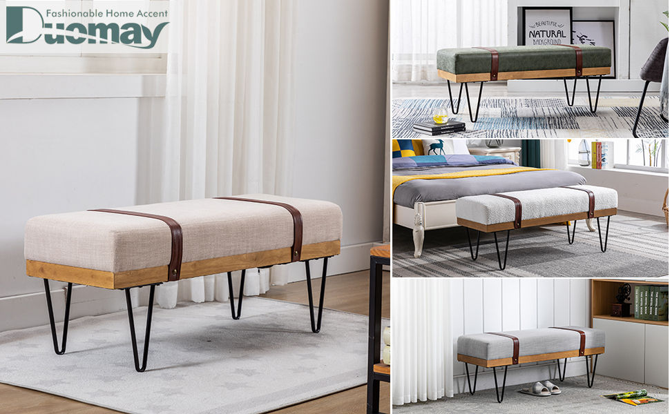 Thumbnail: Modern Linen Rectangle Ottoman Bench with PU Strap and Metal Legs, Mid Century 