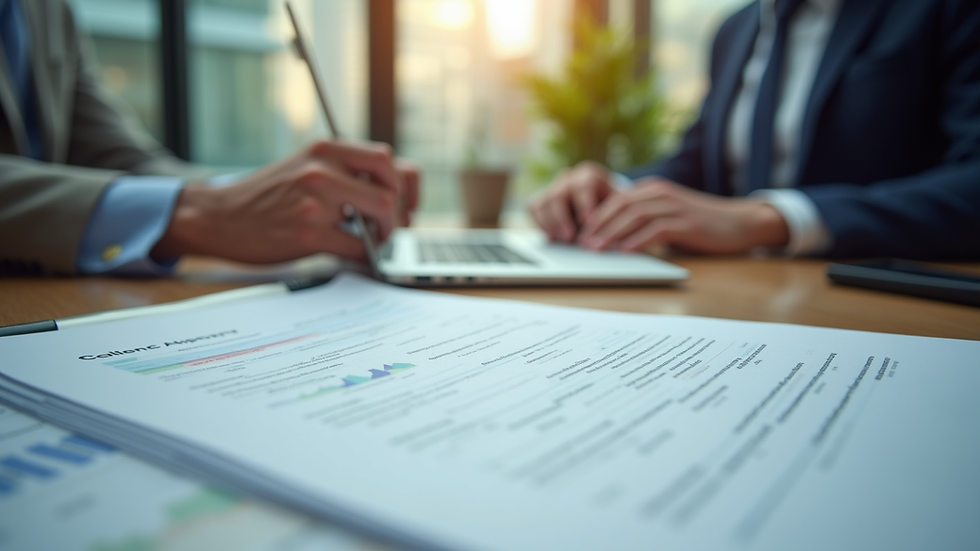 Eye-level view of a business meeting with documents and laptop on the table