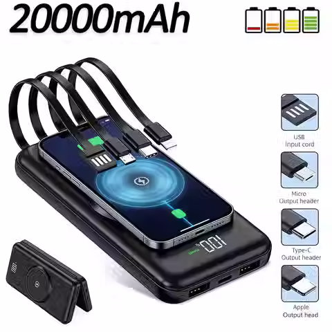 20000mAh Wireless Power Bank Built-in 3 Charging Cables 4 Output Ports