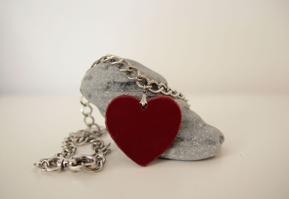 Red heart necklace, Short silver chunky necklace with leather pendant