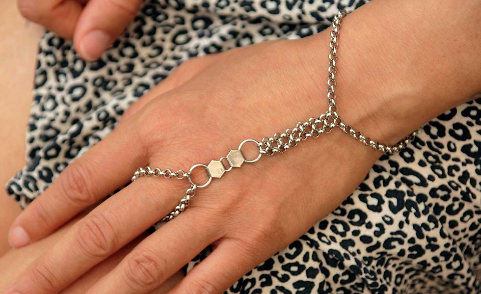 Sterling Silver Plated Hand Chain Bracelet with Ring: Geometric Stainless Steel