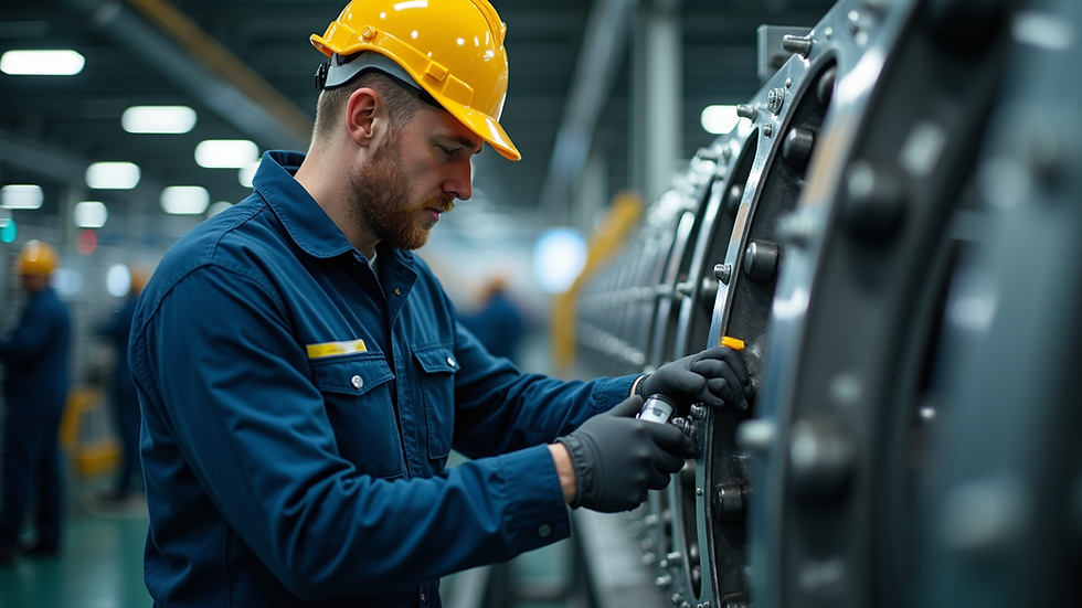 Eye-level view of a technician inspecting industrial machinery