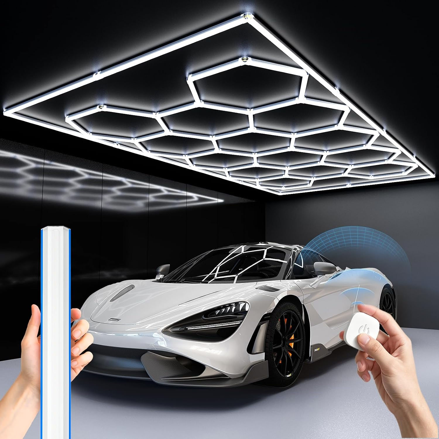 Luces hexagonales con borde azul, 8'x15' pies con control remoto.