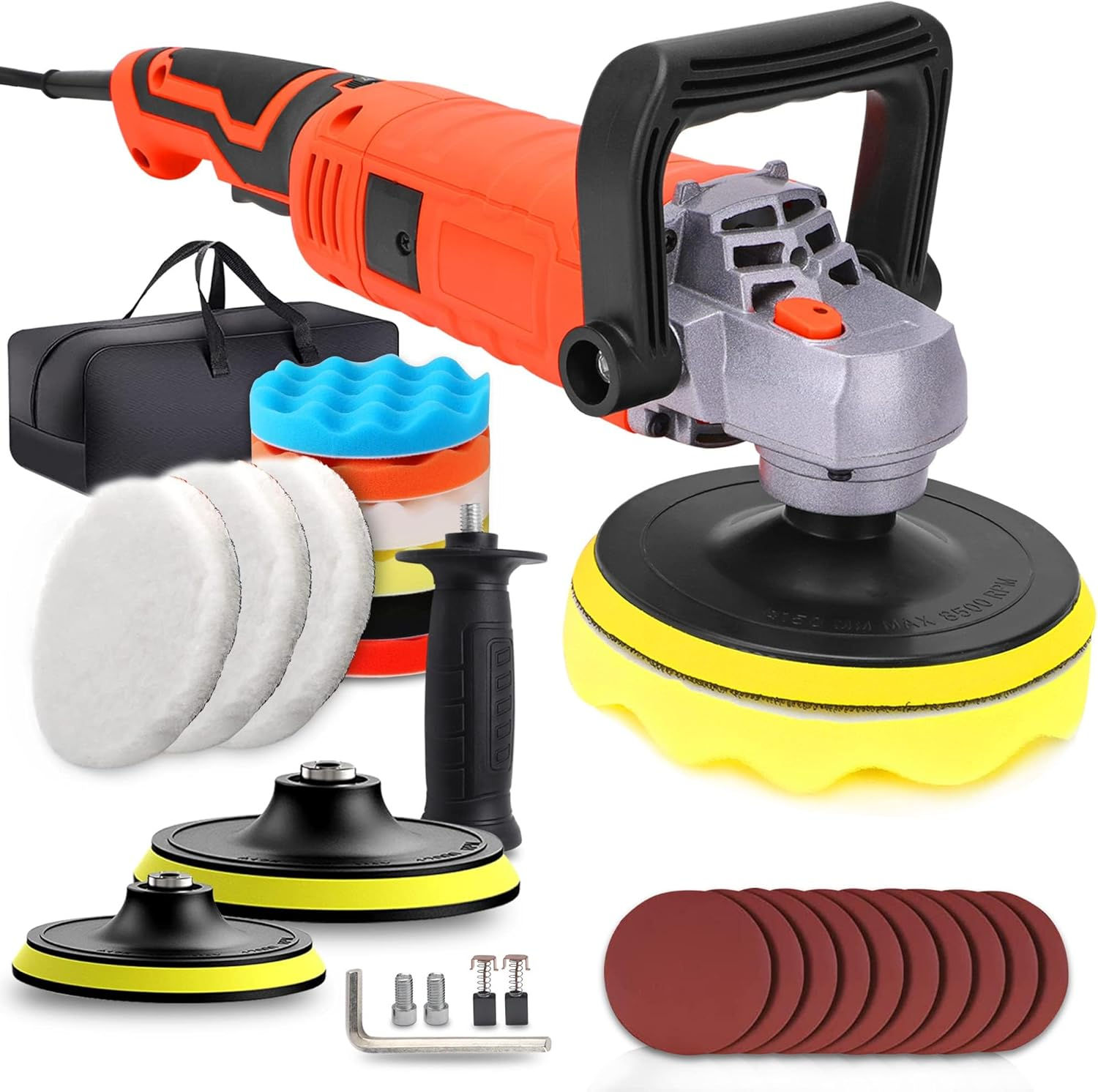 Set 23pcs, Pulidora rotativa de 1580W, velocidad variable con pad de 6 y 7"