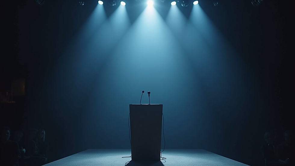 Eye-level view of a conference stage with a podium and microphone
